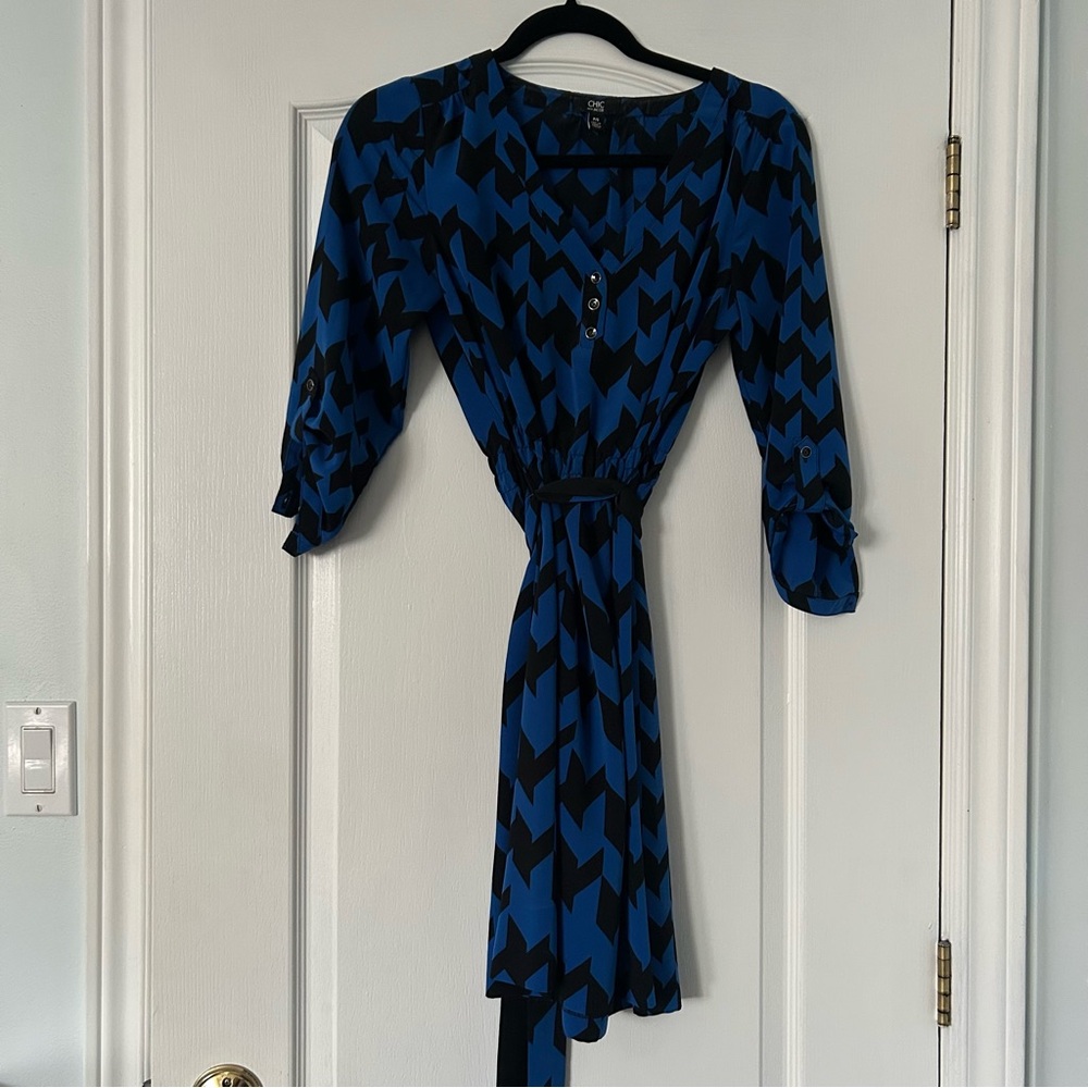 Blue and Black Chevron Shirt Dress with Tie Waist